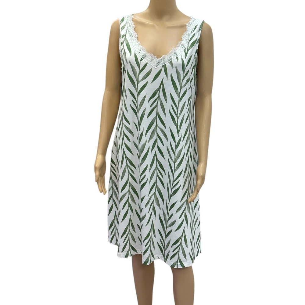 Noracora White Green Leaf Foliage Print Sleeveless Lace Accent V Neck Midi Dress